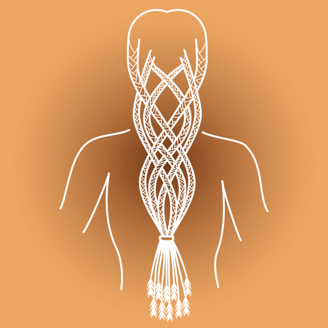 A stylized illustration featuring the back view of a figure with long, intricately braided hair. The hair is designed with detailed interwoven patterns, resembling traditional Norse or Viking styles, and tapers off into a tassel-like end made of wheat. The design is rendered in white lines against a warm peach background, creating a striking contrast. This image is the logo for "Sif's Splendor.