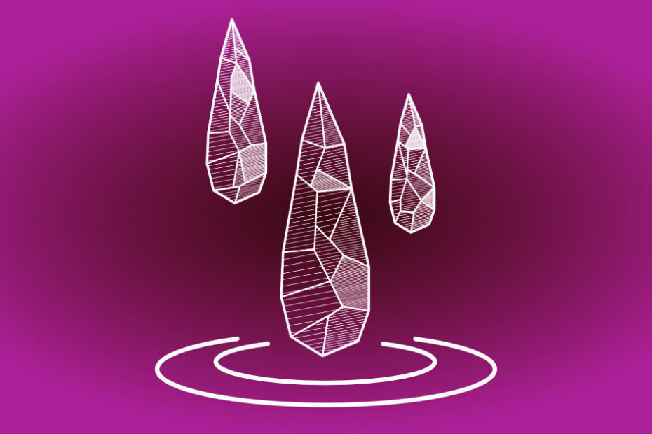 A stylized illustration featuring three crystal-like droplets, representing tears, with intricate geometric patterns. The droplets are suspended above concentric circular ripples, indicating their impact on a surface. The design is rendered in white lines against a vibrant magenta background, creating a striking contrast. This image is the logo for "Freya's Tears."