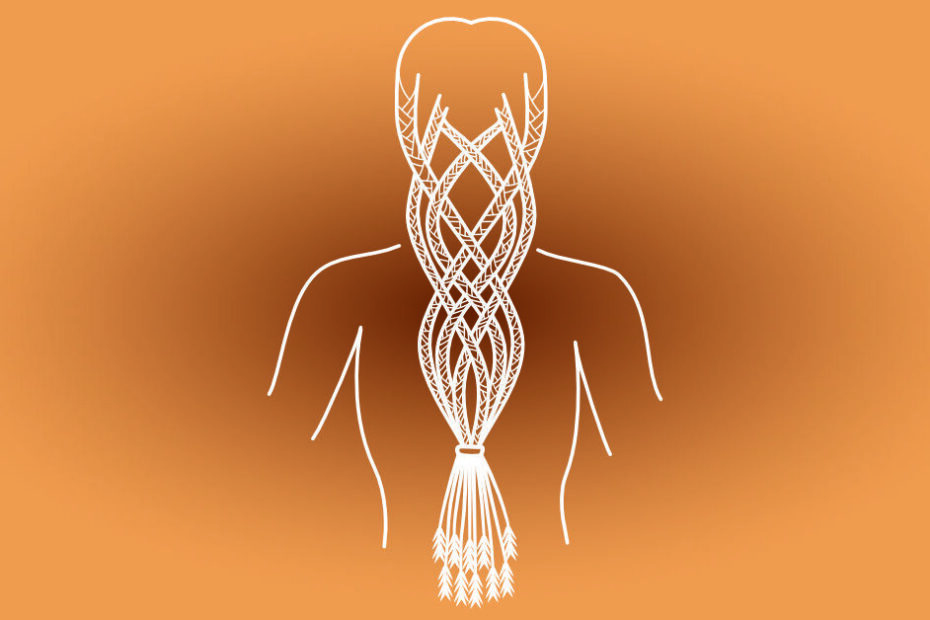 A stylized illustration featuring the back view of a figure with long, intricately braided hair. The hair is designed with detailed interwoven patterns, resembling traditional Norse or Viking styles, and tapers off into a tassel-like end made of wheat. The design is rendered in white lines against a warm peach background, creating a striking contrast. This image is the logo for "Sif's Splendor.