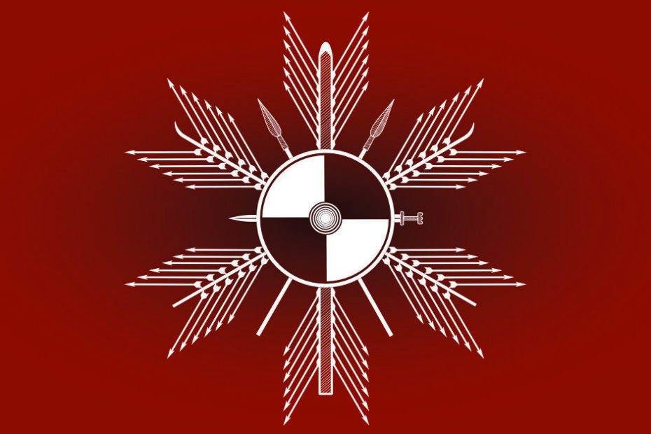 A stylized illustration featuring a symmetrical design centered around a circular Viking shield. The shield is divided into quadrants with alternating black and white sections and has a central boss. Surrounding the shield are crossed spears and arrows radiating outward in a starburst pattern, resembling a snowflake. The design is rendered in white lines against a rich, deep red background, creating a striking and dynamic contrast. This image is the logo for "Ullr’s Glory.